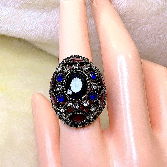 Blue & Red Glass Gemstone Turkish Style Dome Ring - Picture 2 of 4